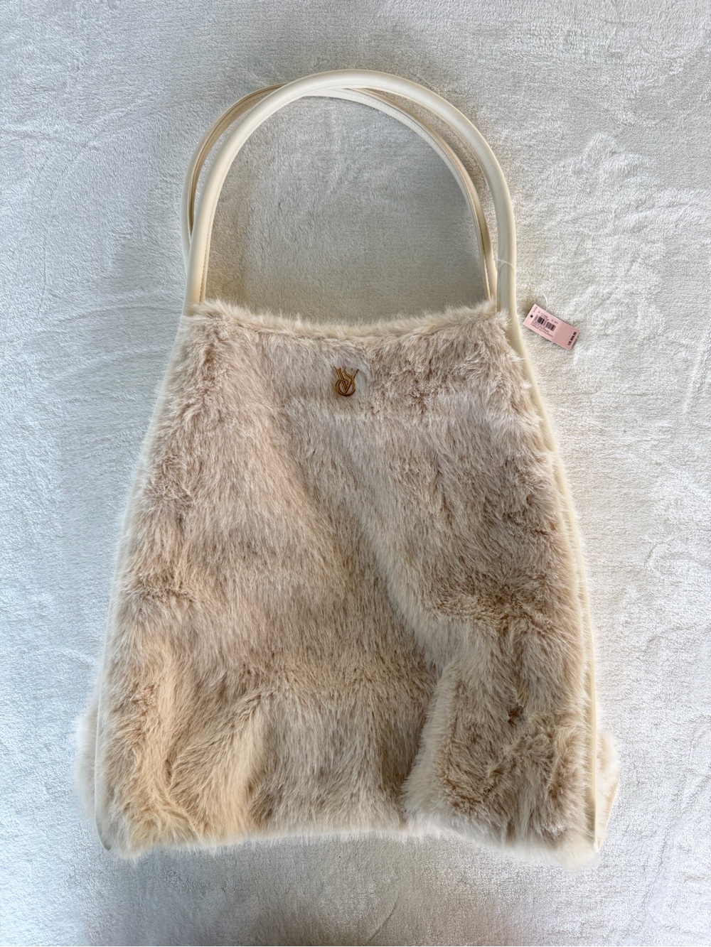 Victoria’s Secret Faux Fur Cream Tote Bag with Gold Accent